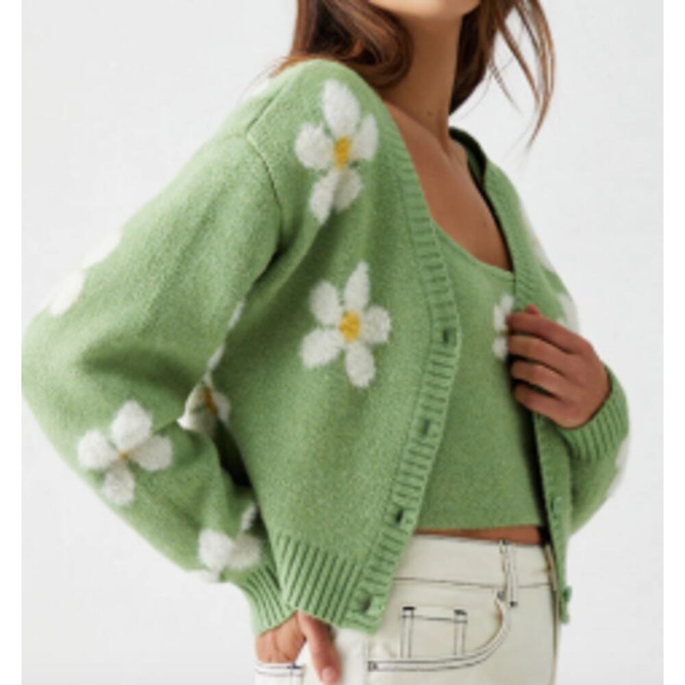 L. A. Hearts Green w/ Daisies Heartbreaker Cropped Cardigan sz XS